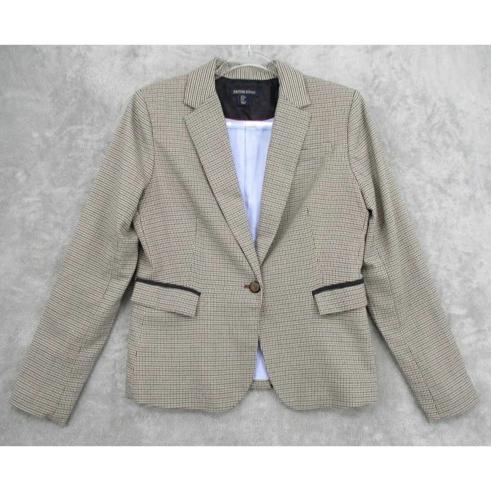 British Khaki Blazer Womens Medium Houndstooth Elbow Patch Academia Preppy Lined - Picture 1 of 10